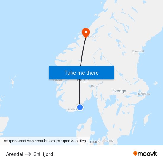 Arendal to Snillfjord map