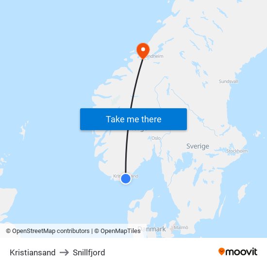 Kristiansand to Snillfjord map