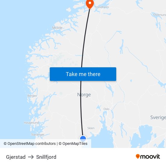 Gjerstad to Snillfjord map