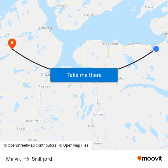 Malvik to Snillfjord map