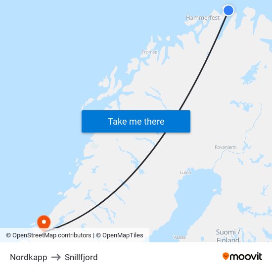 Nordkapp to Snillfjord map