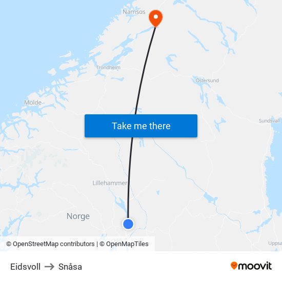 Eidsvoll to Snåsa map