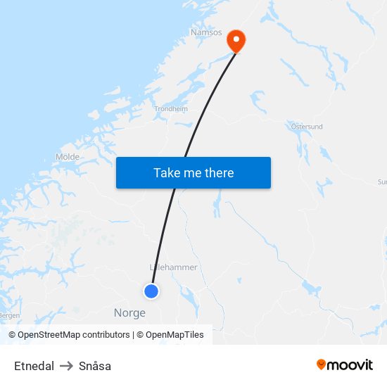 Etnedal to Snåsa map