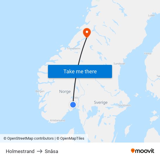 Holmestrand to Snåsa map