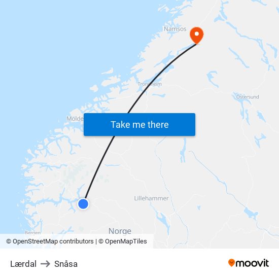 Lærdal to Snåsa map