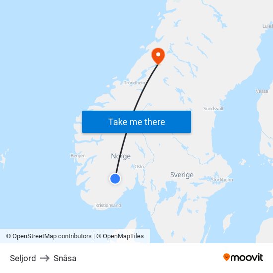 Seljord to Snåsa map