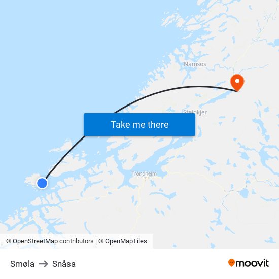 Smøla to Snåsa map