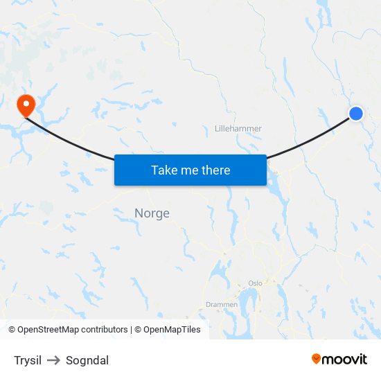 Trysil to Sogndal map