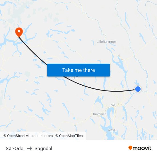 Sør-Odal to Sogndal map