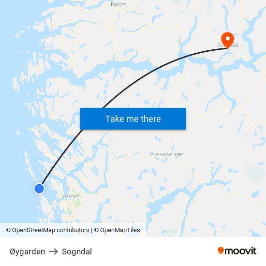 Øygarden to Sogndal map