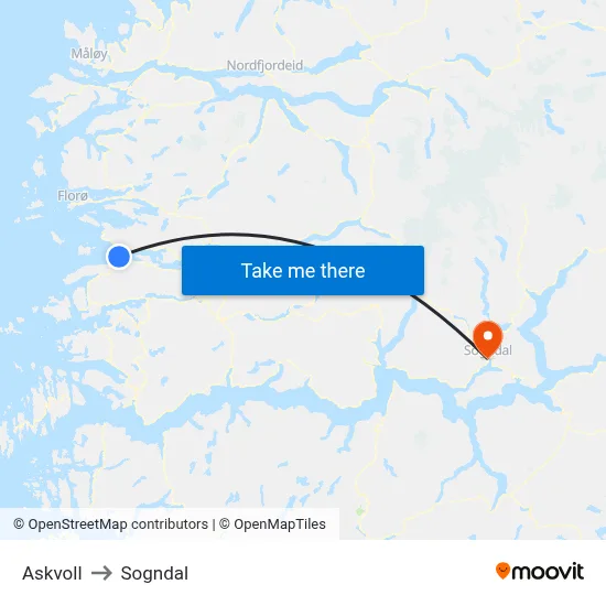 Askvoll to Sogndal map