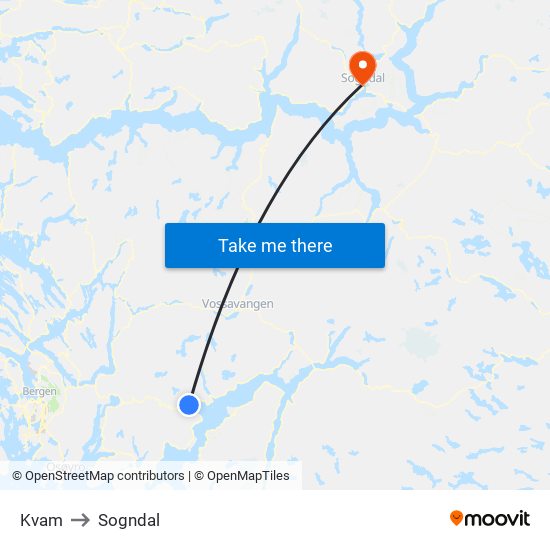 Kvam to Sogndal map