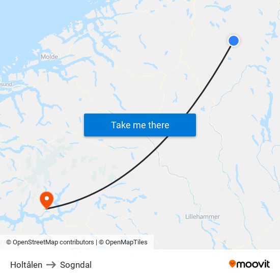 Holtålen to Sogndal map