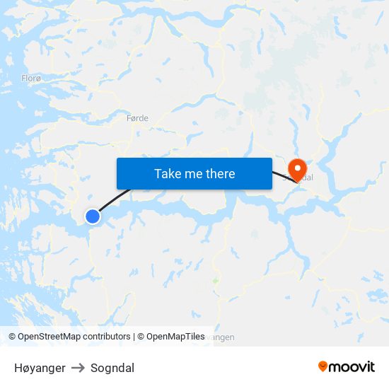 Høyanger to Sogndal map