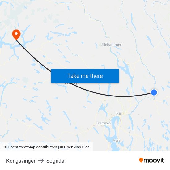 Kongsvinger to Sogndal map