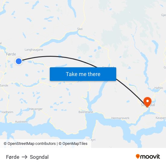 Førde to Sogndal map