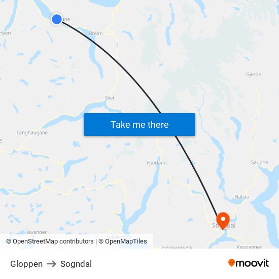 Gloppen to Sogndal map