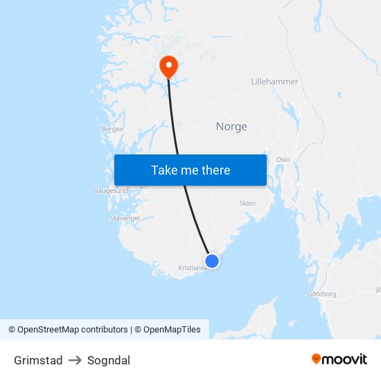 Grimstad to Sogndal map