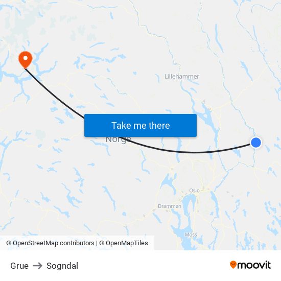 Grue to Sogndal map