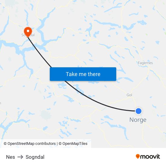 Nes to Sogndal map