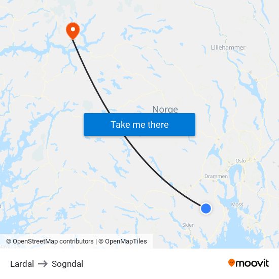 Lardal to Sogndal map