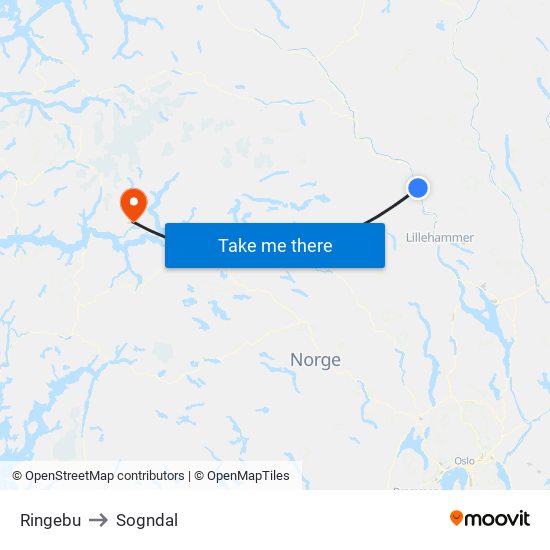 Ringebu to Sogndal map