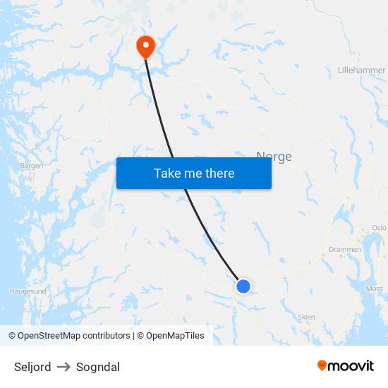 Seljord to Sogndal map