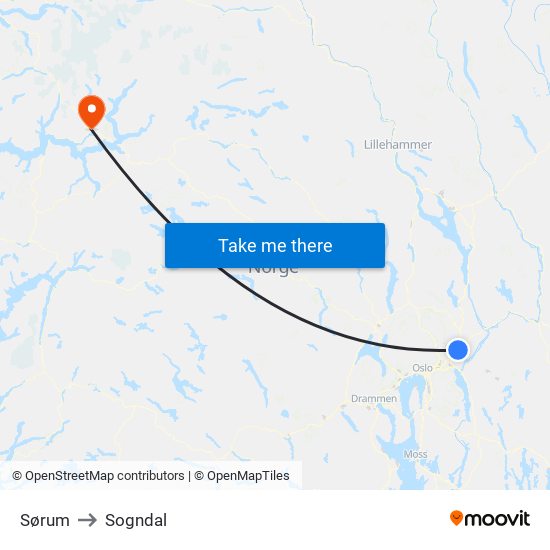 Sørum to Sogndal map