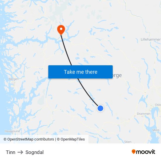 Tinn to Sogndal map