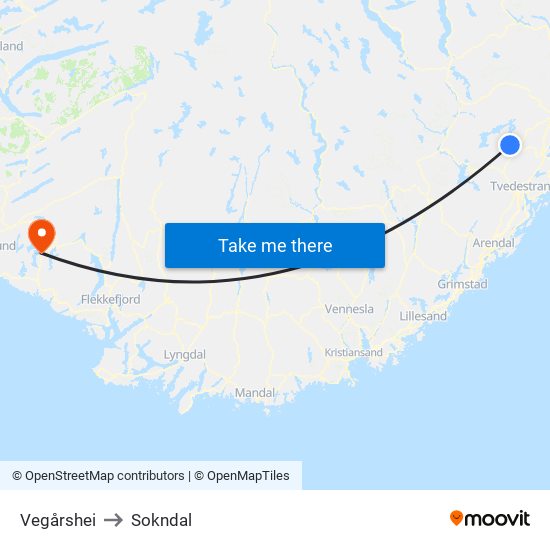 Vegårshei to Sokndal map