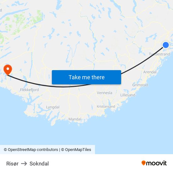 Risør to Sokndal map