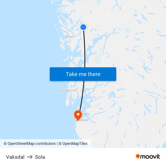 Vaksdal to Sola map