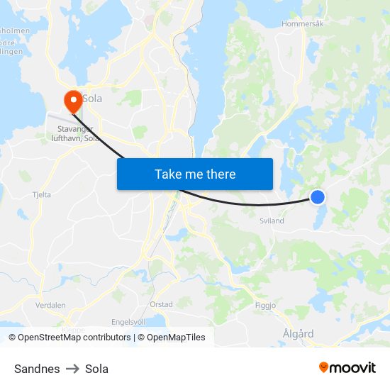 Sandnes to Sola map