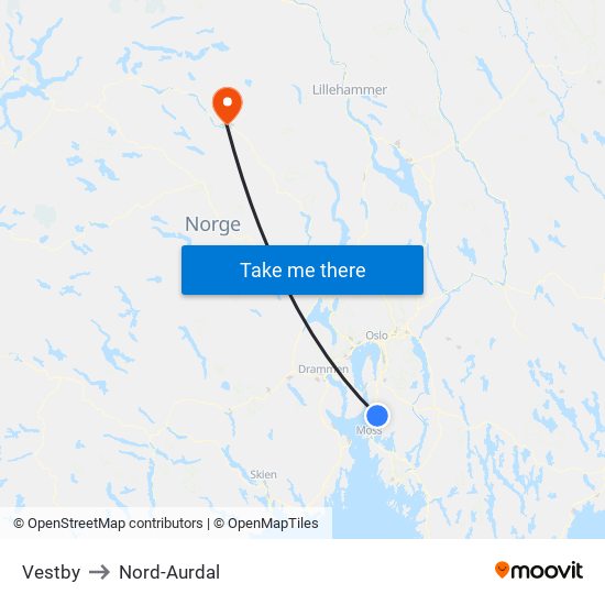 Vestby to Nord-Aurdal map