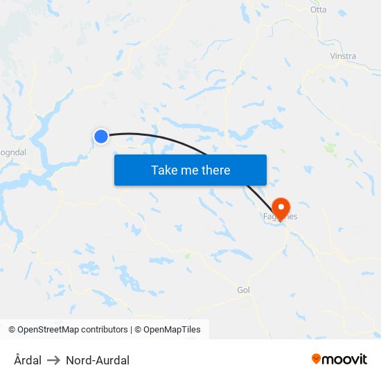 Årdal to Nord-Aurdal map