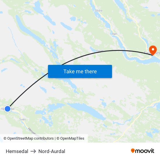 Hemsedal to Nord-Aurdal map