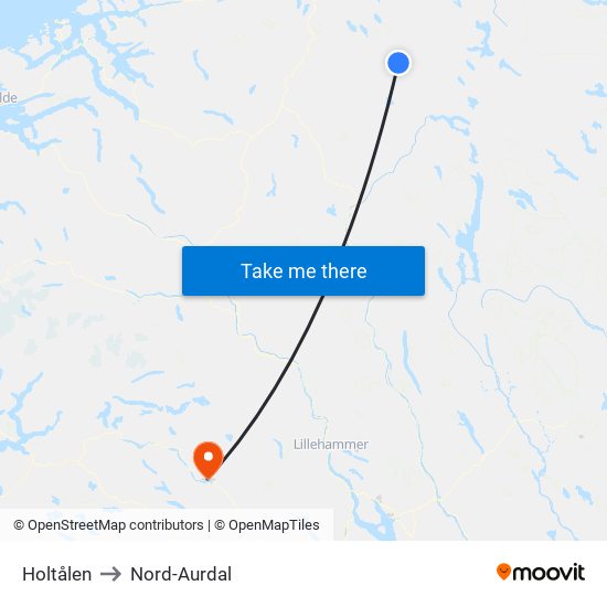 Holtålen to Nord-Aurdal map