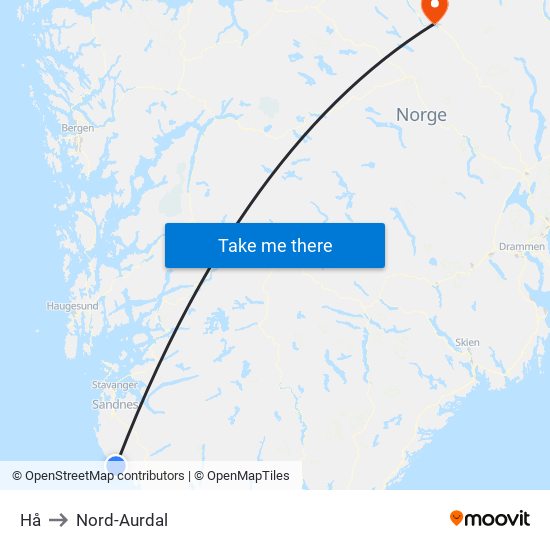 Hå to Nord-Aurdal map