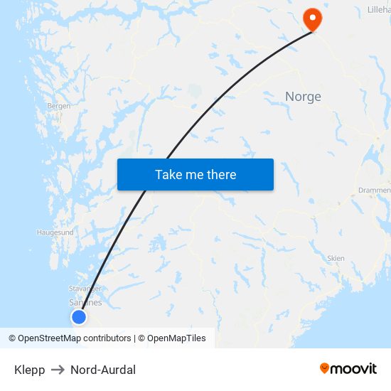 Klepp to Nord-Aurdal map