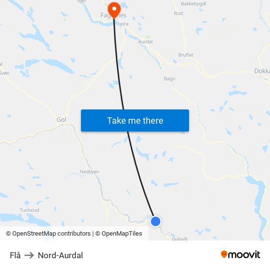 Flå to Nord-Aurdal map