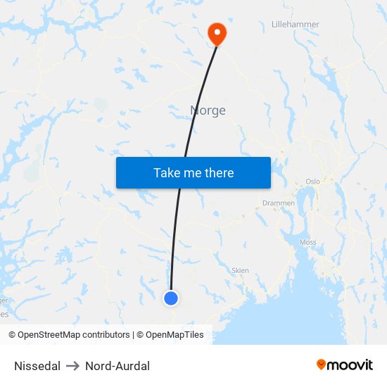 Nissedal to Nord-Aurdal map
