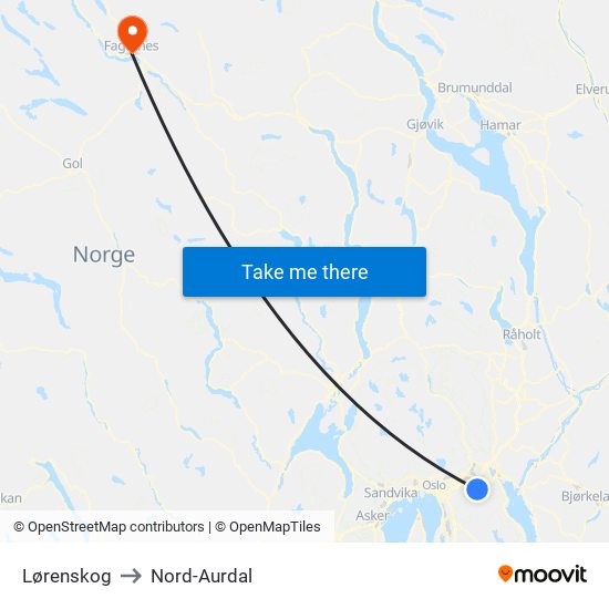 Lørenskog to Nord-Aurdal map