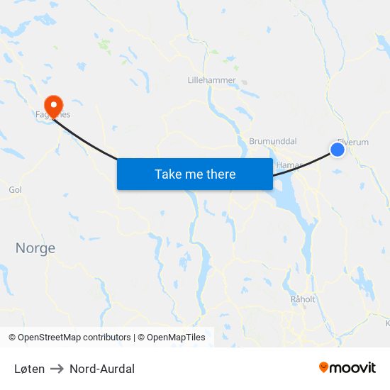 Løten to Nord-Aurdal map