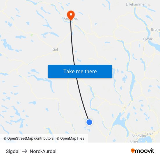 Sigdal to Nord-Aurdal map