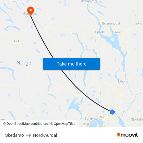 Skedsmo to Nord-Aurdal map