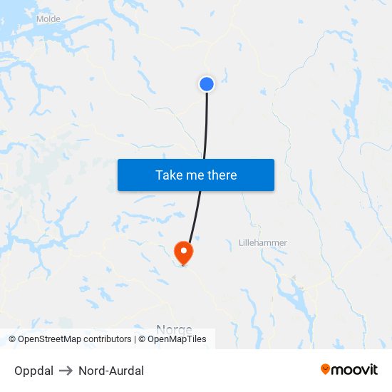 Oppdal to Nord-Aurdal map
