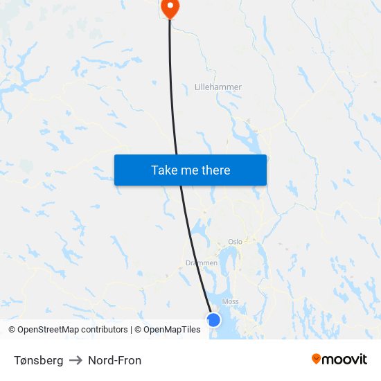 Tønsberg to Nord-Fron map