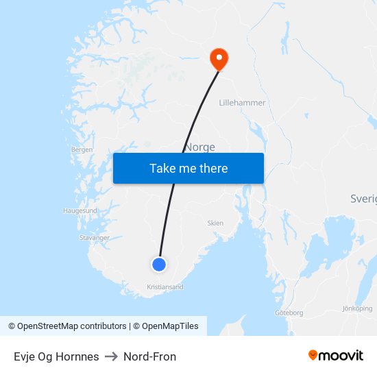 Evje Og Hornnes to Nord-Fron map