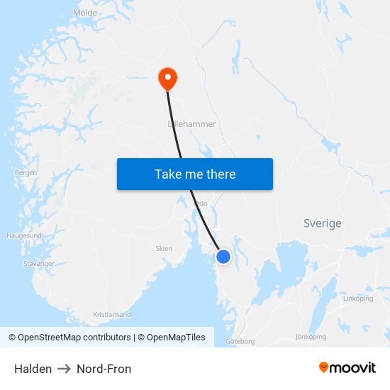 Halden to Nord-Fron map