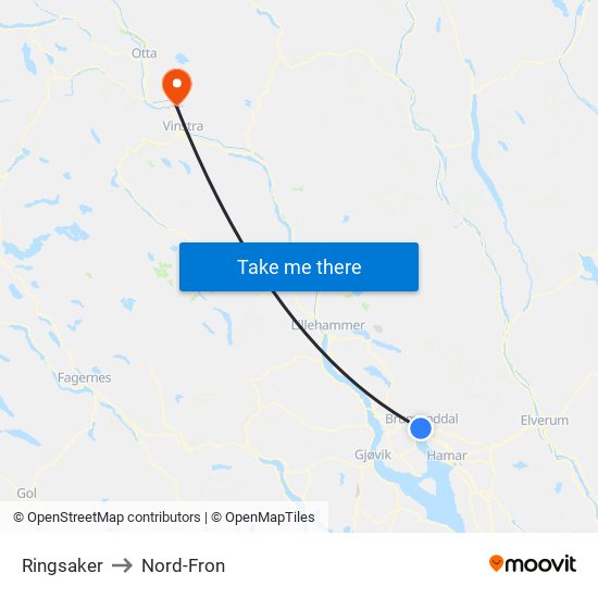 Ringsaker to Nord-Fron map